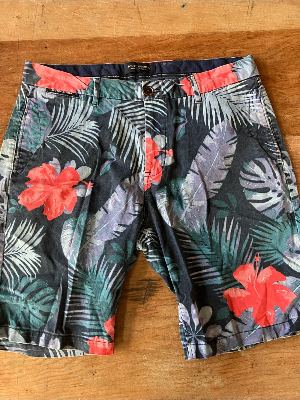 Scotch & Soda Black Floral Tropical Shorts with Coral Flowers